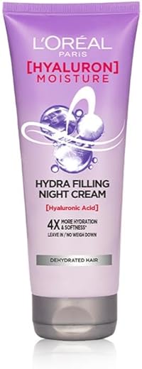 L'Oreal Paris Hyaluron Moisture Hydra Filling Leave-in Night Cream, Powered by Hyaluronic Acid, For Dry &amp; Dehydrated Hair, Volume-180ml, Makes hair frizz-free, bouncy and hydrated for up to 72HR