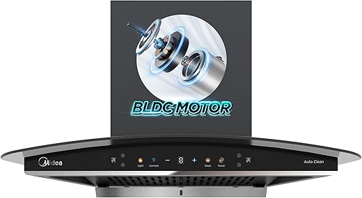 Midea 60 cm 1600 m3/hr BLDC, Filter-less, Wi-Fi enabled, intelli- Autoclean, 9 speed kitchen Chimney, Free Installation Kit (Megan Auto Clean), Black
