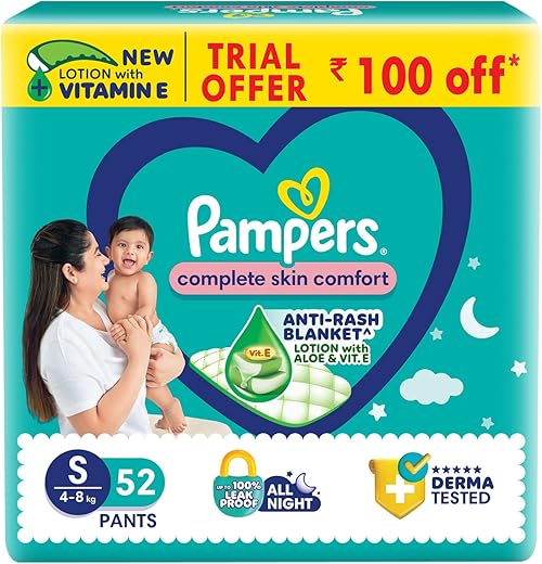 Pampers Complete Skin Comfort Pants, Anti-rash blanket, Lotion with Vitamin E &amp; Aloe Vera, Small size baby diapers (SM) 52 Count, 4-8 kg