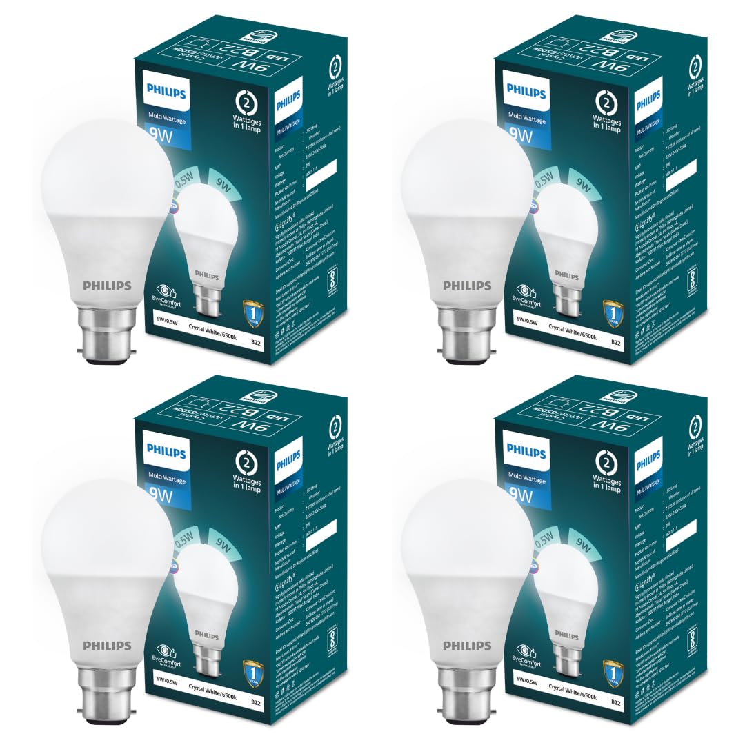 PHILIPS Multi - Wattage LED Bulb  2 Wattages (9w, 0.5w) In 1 LED Bulb  Colour : Crystal White, Pack Of 4