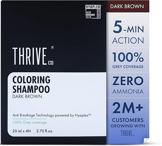 ThriveCo Coloring Shampoo, Dark Brown | 5-Minute Quick Color | 100% Grey Coverage | Pack of 4 X 20 ml | Ammonia Free | Long Lasting Color, Glossy Hair | With Hyaplex™ |80 ML