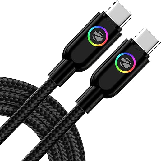 Zebronics Wattz 60CC3 Type-C to Type-C Braided Cable, PD 60W, 1 Meter, Durable, Charge &amp; Sync, Rapid Charging, Multicolor Breathing LED, For Laptops, Tablets, Mobiles (Black)