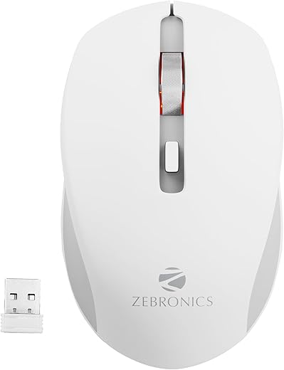 ZEBRONICS Zeb-Jaguar Wireless Mouse, 2.4GHz with USB Nano Receiver, High Precision Optical Tracking, 4 Buttons, Plug &amp; Play, Ambidextrous, for PC/Mac/Laptop (White+Grey)
