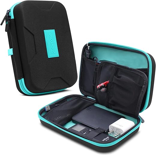 AirCase Electronics Organizer Bag with Shockproof EVA Hardshell &amp; Soft Lining, 2 Mesh Pockets, 9 Elastic Loops, 2 Zipper Pockets| Travel Gadget Organizer for HDD/SSD Power Bank Cables Adapters(Black)