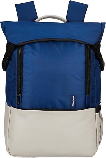amazon basics Professional Laptop Backpack for Office, College &amp; Travel | Laptops up to 15.6 Inches | Trolley Sleeve | Wrinkle-Free Design | Water-Resistant | Rainproof Zippers (Beige and Blue)