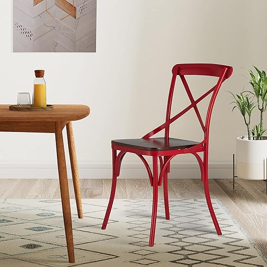 Amazon Brand - Solimo Tortel Chair with Wooden Seat (Iron, Red, 2 Pieces)