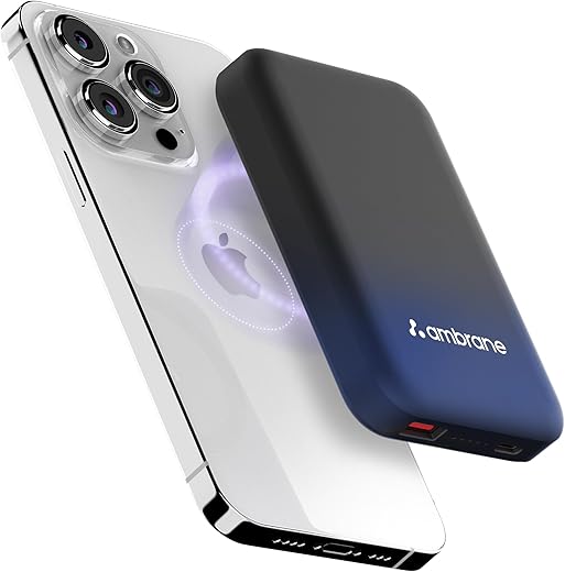 Ambrane Magsafe Wireless 10000Mah Fast Charging USB Type-C Input Power Bank, Strong Magnet, 22.5W Output For iPhone 12 &amp; Above, Android &amp; Other Qi Enabled Devices + Magnetic Ring (Aerosync Snap, Blue)