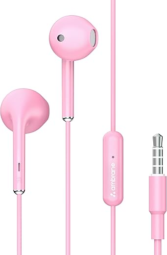 Ambrane Wired Headphones in Ear Earphones with in-Line Mic for Clear Calling, 14Mm Dynamic Drivers for Boostedbass, 3.5Mm Jack, Multi-Functional Controller (Stringz 38 Lite, Pink)