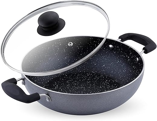 Attro Aluminium Induction &amp; Gas Stove Compatible Non Stick 3mm Thickness Heavy Duty Kadhai with Glass Lid, Spatter Finish, (240 mm, Black)