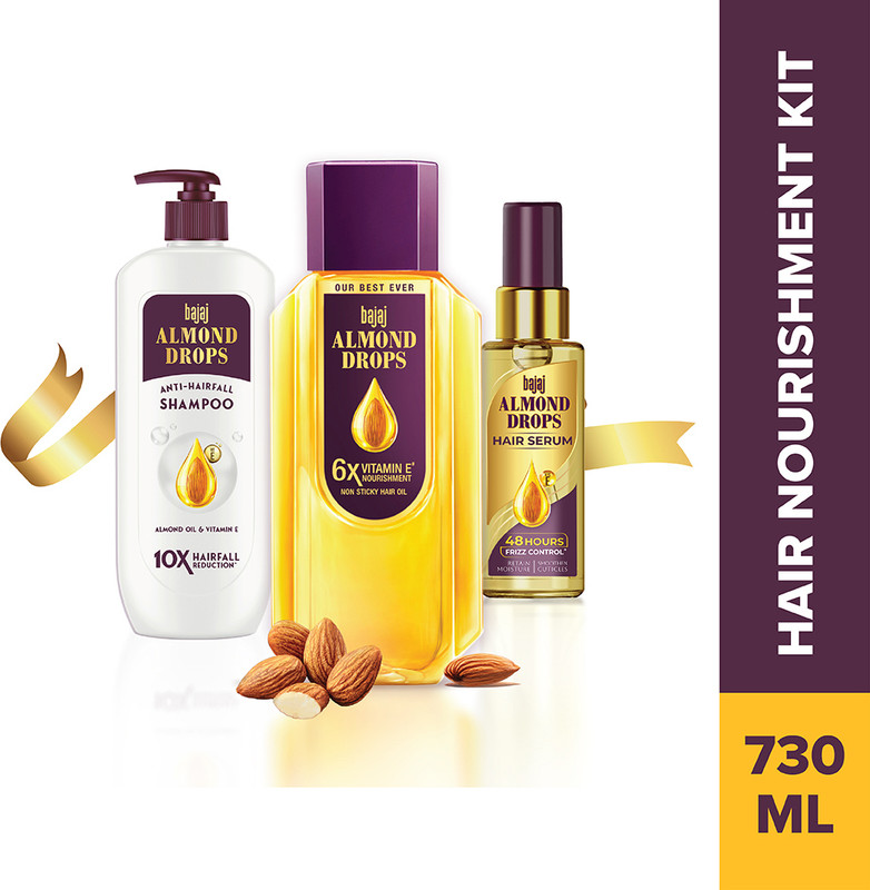 BAJAJ Almond Drops Hair Nourishment Kit - Almond Drops Hair Oil 350ml + Shampoo 340ml + Serum 50ml  (3 Items in the set)