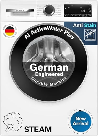 Bosch 9kg 5 Star Anti Stain &amp; AI Active Water Plus Fully Automatic Front Load Washing Machine with Built in Heater (WGA14200IN, Pretreatment &amp; Steam with Anti Bacteria and 5 Star Inverter, White)