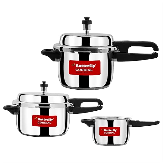 Butterfly Cordial 2, 3 &amp; 5 Litres Outer Lid SS Pressure Cookers | Induction &amp; Gas Stove Compatible | ISI Certified | 3 Years Manufacturer's Warranty | Stainless steel | Silver