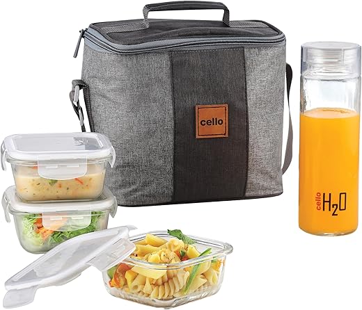 CELLO Glassy Square Lunch Box Set of 4 | (320ml x 3) &amp; 1 Clear Glass Water Bottle (500ml) | Leak-Proof &amp; Microwavable Toughened Glass | Perfect Lunch Box Set for Office, School &amp; College