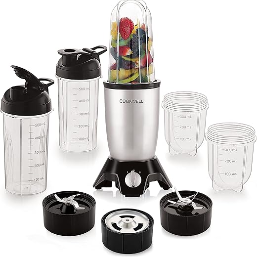 Cookwell Bullet Mixer Grinder (5 Jars, 3 Blades, Silver) - Copper, 600 Watts - 2 Year Warranty
