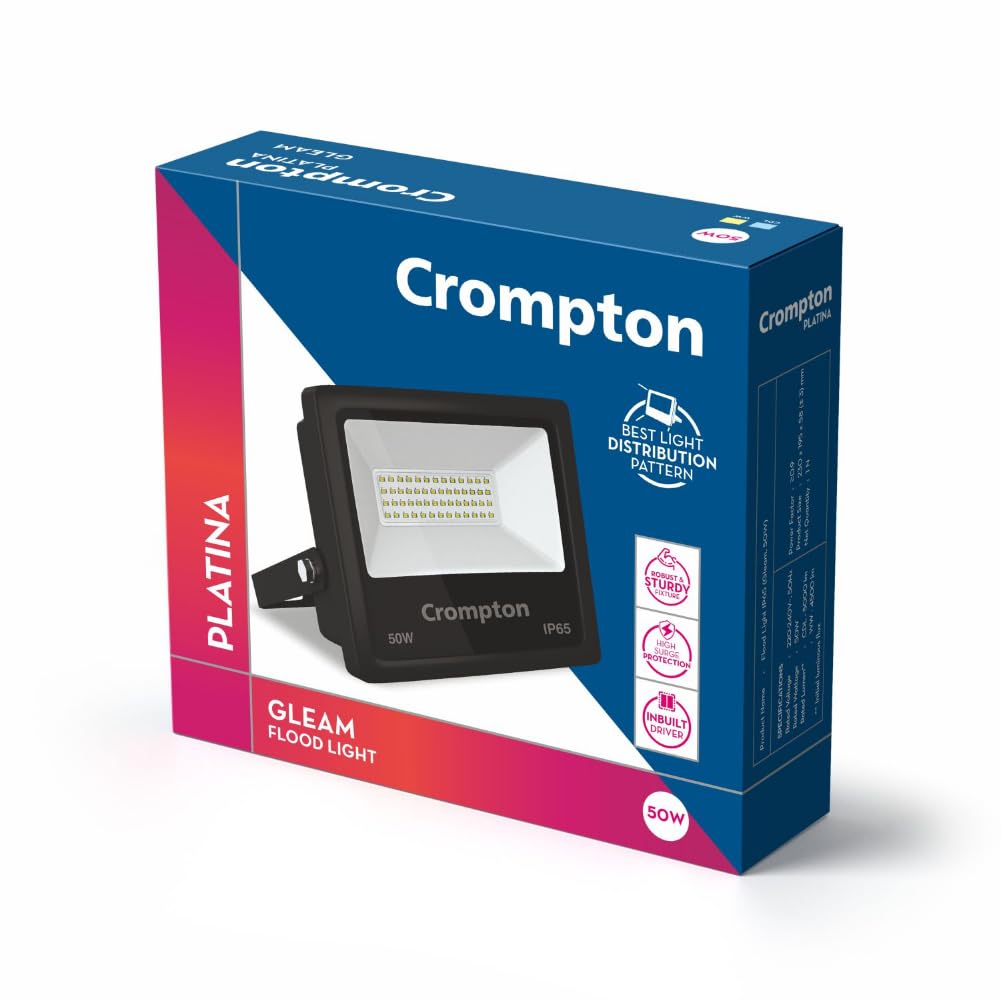 Crompton Aluminium Gleam 50W LED Flood Light | Outdoor Waterproof Security Light | Wide Angle Beam | Cool Daylight 6500K | Energy Saving | Pack of 1