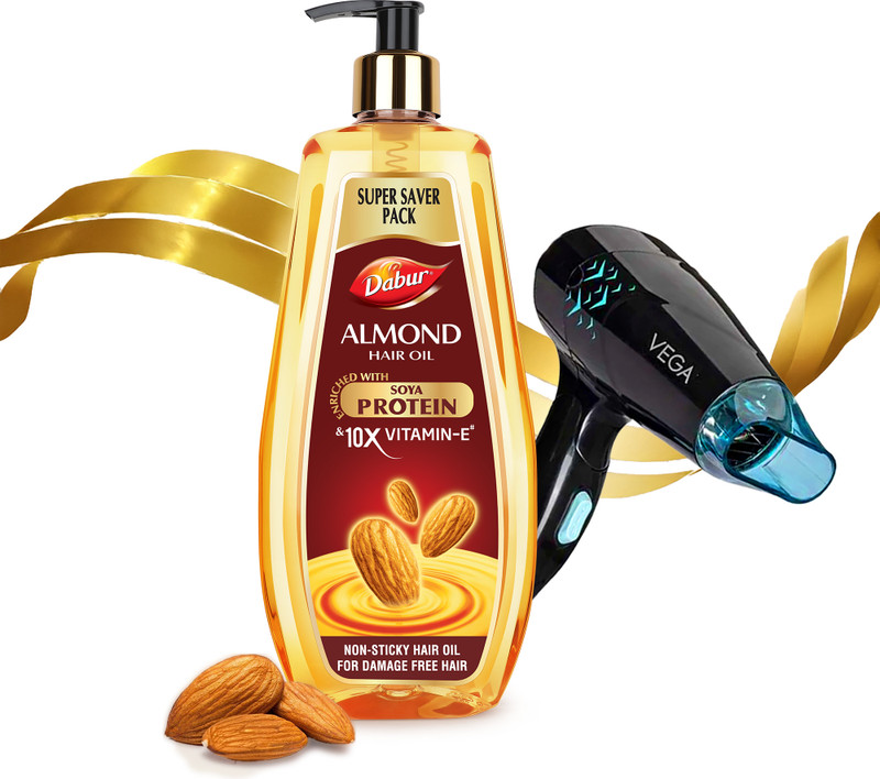 Dabur Hair Styling Kit | Almond Hair Oil- 650ml + Vega Glow Glam Hair Dryer- 1000W  (2 Items in the set)