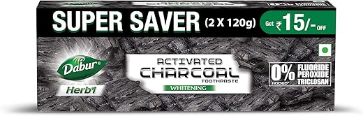 DABUR Herb'L Activated Charcoal Toothpaste-240G (120Gx2,Pack Of 2)|Black Gel Toothpaste|Whitening |Fluoride Free|Fights Plaque&amp;Extrinsic Stains|With Power Of Mint|Cool&amp;Refreshing Mouth Experience