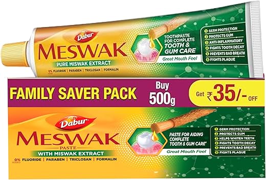 Dabur Meswak Complete Oral Care Toothpaste - 500g (2 x 200g + 1 x100g) | Complete Oral &amp; Gum Care Toothpaste | Contains Pure &amp; Rare Miswak extract | No added Fluoride, Paraben, Triclosan &amp; Formalin