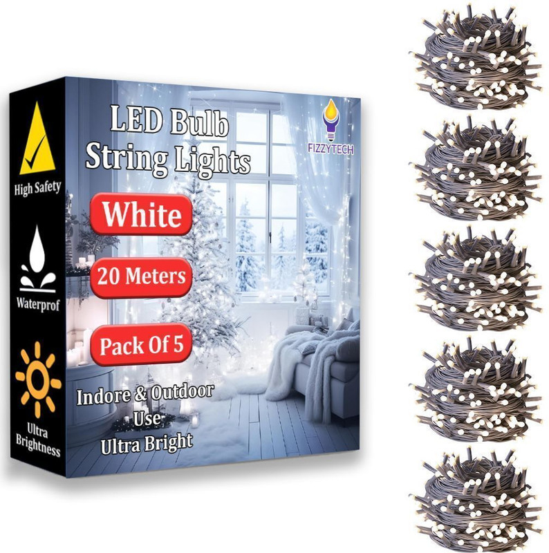 FIZZYTECH 60 LEDs 20 m White Steady String Rice Lights  (Pack of 5)