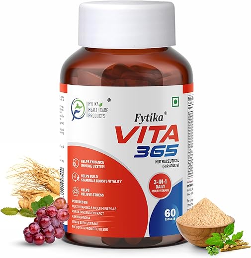 Fytika Vita 365-60 Tablets (Pack of 1) | Multivitamin For Men and Women | With Ashwagandha, Ginseng, Probiotics &amp; Prebiotics and Biotin| Enhances Energy, Immunity and Digestion