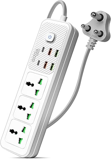 Gizga essentials 2500W/10A Extension Board | Universal 3 Sockets with 2 Type C &amp; 4 USB A for Office &amp; Home Appliances| Spike Guard, Surge Protector Power with Strip 2M Cord, Child Safety Shutter