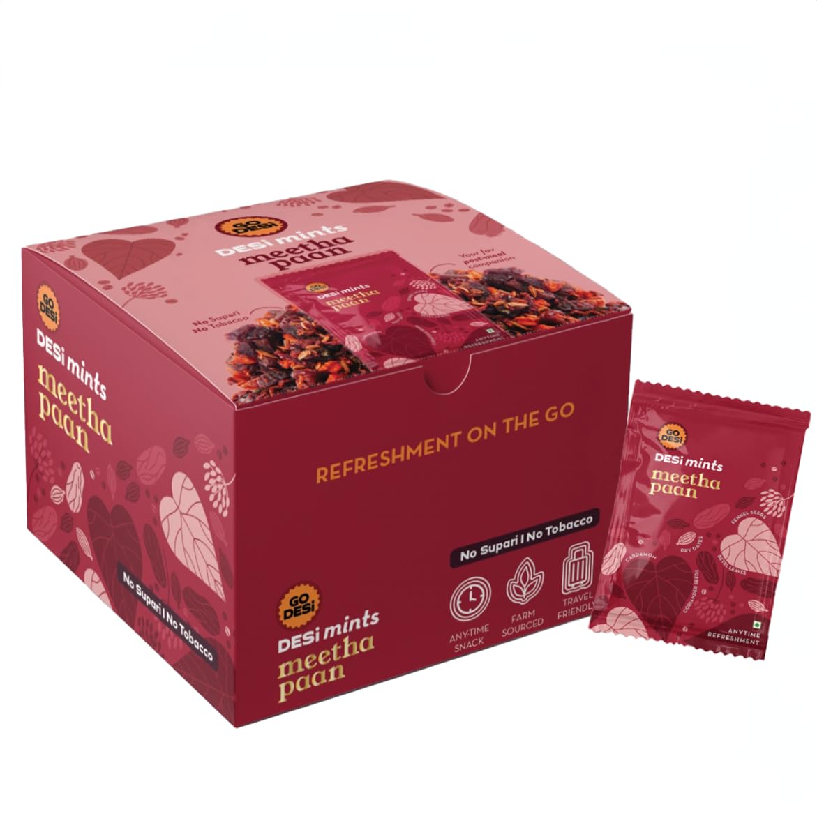 Go Desi Meetha Paan Mouth fresheners, Desi Mints, Refreshing Mouthfreshener, Mukhwas, Box of 40 Sachets