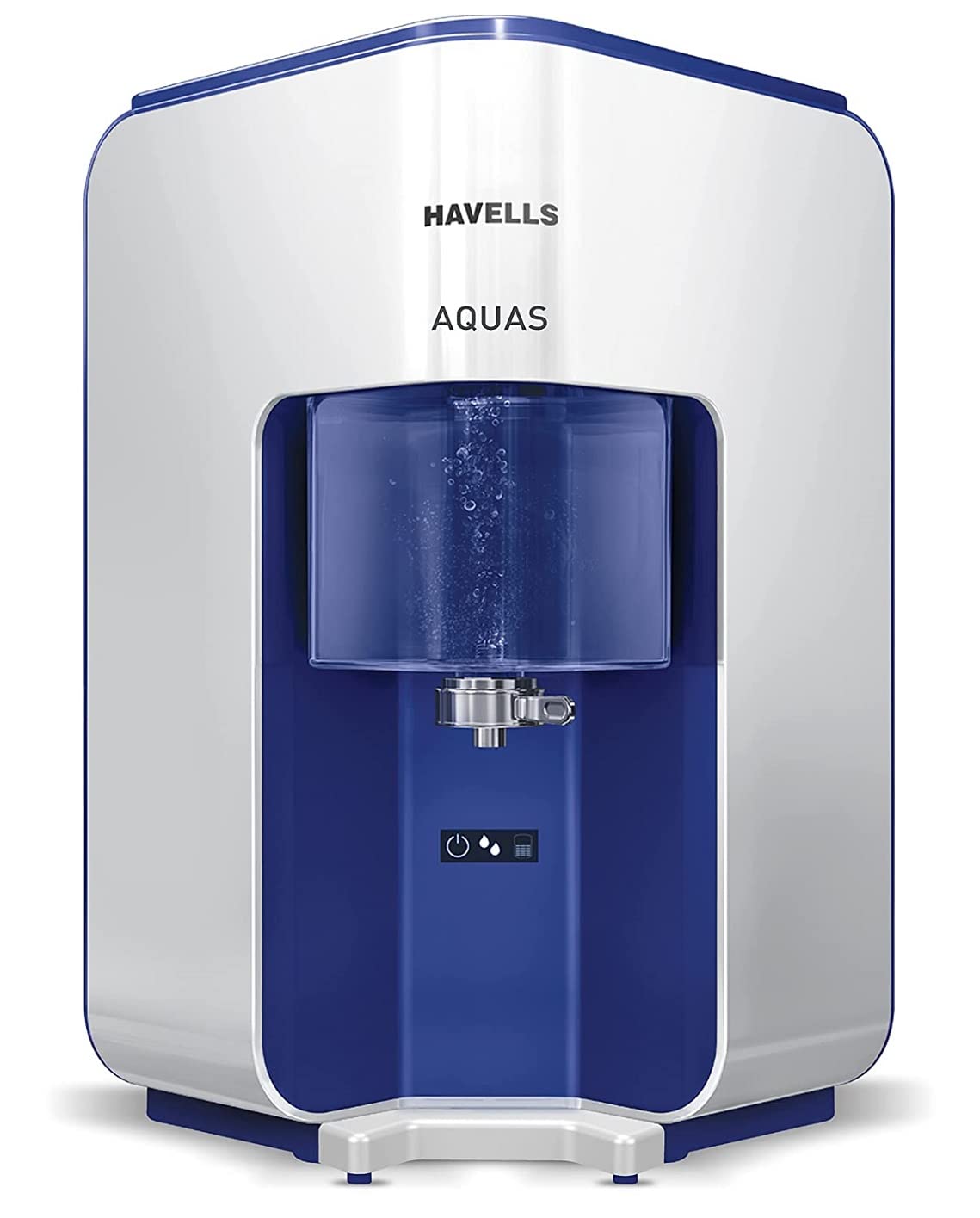 Havells AQUAS Water Purifier (White and Blue), RO+UF, Copper+Zinc+Minerals, 5 stage Purification, 7L Tank, Suitable for Borewell, Tanker &amp; Municipal Water