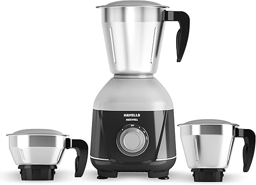 Havells MIXWELL 500 W 3 Jar Mixer Grinder, 304 SS Blades I High Speed 21000 RPM Motor, Heavy and Wider mouth SS Jars, All Jars with Handle (Black and Grey)