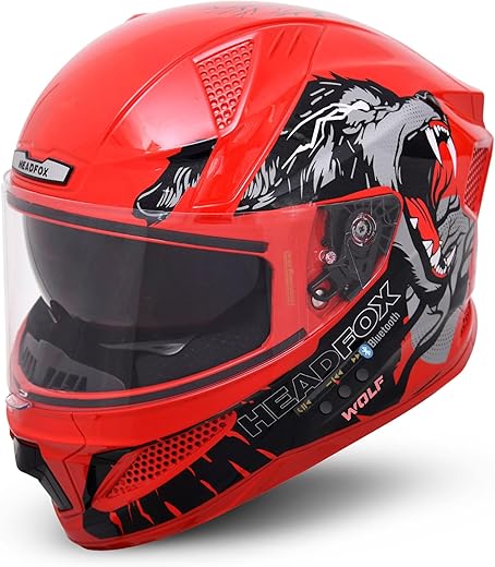 HEADFOX N2F Wolf Full Face Bluetooth Helmet for Bike | Waterproof Smart Helmet for Man &amp; Women | ISI Certified | Built-in Bluetooth | Glossy Red Large (60 CM)