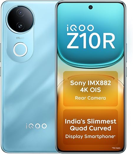 iQOO Z10R 5G (Aquamarine, 8GB RAM, 128GB Storage) | 32MP 4K Selfie Camera | Quad-Curved AMOLED Display | Dimensity 7400 Processor with 750K+ AnTuTu