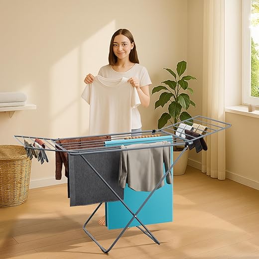 Kuber Industries Premium Extra Strong 5.8 kg Metal Clothes Drying Stand for Dryer Cloth | Double Drying Racks for Clothes Balcony, Living Room | Foldable Cloth Stand with 16 Hanger Rods | Grey