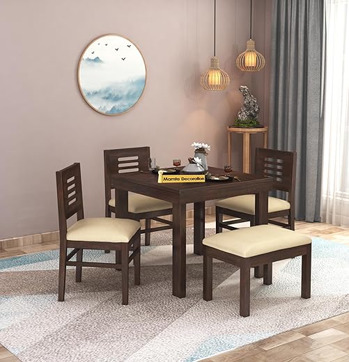MAMTA DECORATION Sheesham Wood 4 Seater Dining Table with 3 Cushioned Chairs &amp; 1 Bench Wooden Dining Set for Home Living Room (Walnut Finish)