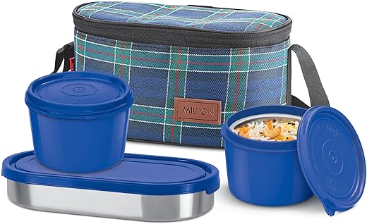 MILTON Decker Lunch Box with Insulated Fabric Jacket, 2 Inner Stainless Steel Containers 450 ml Each &amp; 1 Oval Stainless Steel 450 ml, Microwave Safe, Leak-Proof Tiffin for Office, Easy to Carry, Blue
