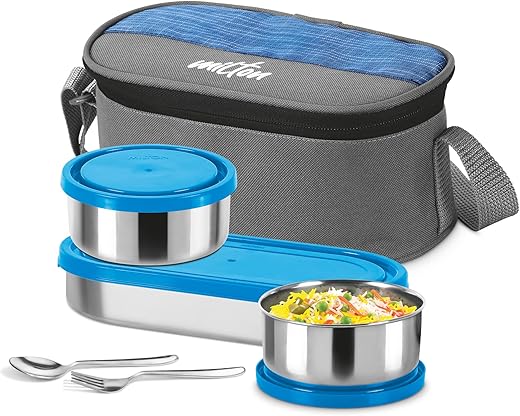 MILTON Master Lunch Box with Insulated Fabric Jacket, 3 Containers (1 Oval Stainless Steel 450 ml, 2 Stainless Steel 280 ml Each Spoon &amp; Fork), Leak-Proof Tiffin for Office, School, College, Blue