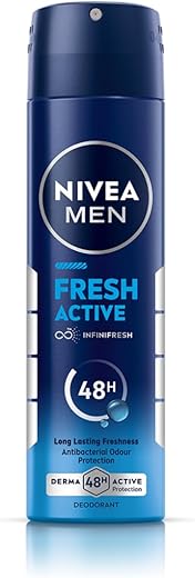 NIVEA Men Fresh Active Deodorant Spray, 150ml | 48 H Active Odour Protection | Long Lasting Smell Deo | Marine Fresh, Lemon and Sandalwood Fragrance | Dermatologically Approved | 150ml