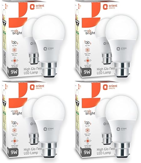 Orient Electric Polycarbonate High Glo Led Lamp 9W, (Warm White, 3000K, B22 - Pack Of 4)