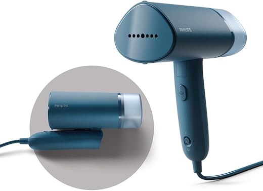 PHILIPS Handheld Garment Steamer STH3000/20 - Compact &amp; Foldable, Convenient Vertical Steaming, 1000 Watt Quick Heat Up, up to 20g/min, Kills 99.9%* Bacteria (Reno Blue)