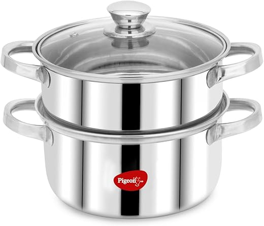 Pigeon By Stovekraft Steel X Steamer Stainless Steel Induction Base, Modak Maker/Momo Maker, Dual Compartment With Glass Lid, 4.6L Capacity, Silver
