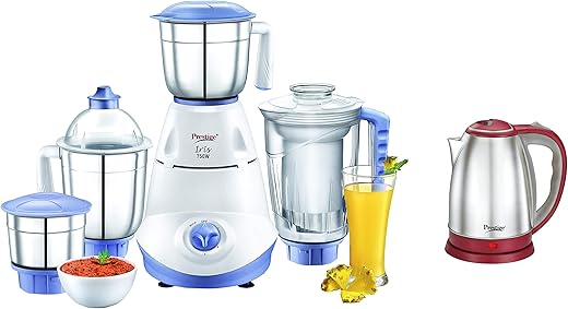 Prestige Iris(750 Watt) Mixer Grinder with 3 Stainless Steel Jar + 1 Juicer Jar, White and Blue + Prestige 1.5 Litre Kettle 1500-watts, Red