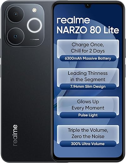 realme NARZO 80 Lite 4G (Obsidian Black, 4GB+64GB) | 6300mAh Segment's Biggest Battery | 7.94mm Slim Design | 300% Ultra Volume | Pulse Light: 9 Colors, 5 Glow Modes | Ai Assist