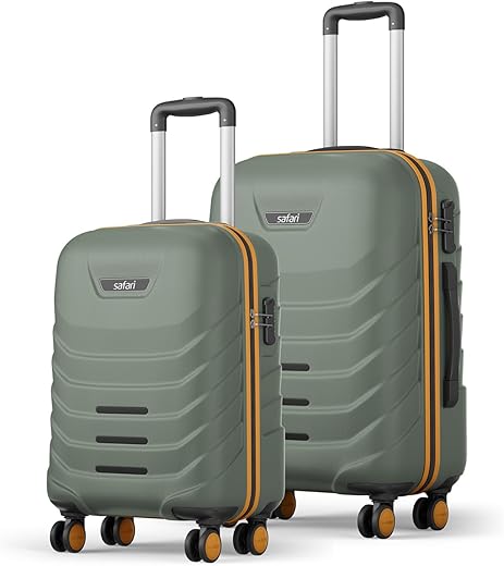 Safari Crescent 8 Wheels Set of 2, Cabin &amp; Check-in Trolley Bags Hard Case Polycarbonate 360 Degree Wheeling System Luggage, Suitcase for Travel, Thyme Green