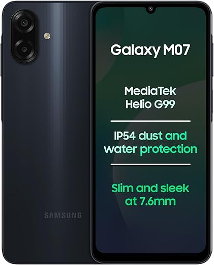 Samsung Galaxy M07 (Black, 4GB RAM, 64GB Storage) | MediaTek Helio G99 | IP54 Rating | 50MP Auto Focus Camera | 7.6mm Slim | 5000mAh Battery| 25W Fast Charging | 6 Gen of OS Upgrades | Without Charger