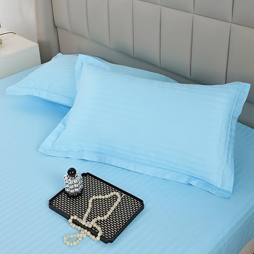 Story@Home 100% Cotton 300 TC Satin Stripe Bedsheet for King Size Bed with 2 Pillow Covers Hotel Collection | Super Soft King Size BedSheet (270 CM x 270 CM OR 108 inch x 108 inch) Sky Blue
