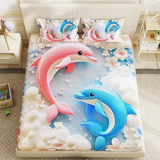 Story@Home Dolphins 7D bedsheet for Double Bed 300TC Premium Cotton Feel Microfiber with 2 King Size Pillow Cover | 225 cm x 250 CM | Blue Dolphins Kids bedsheet for Boys and Girls