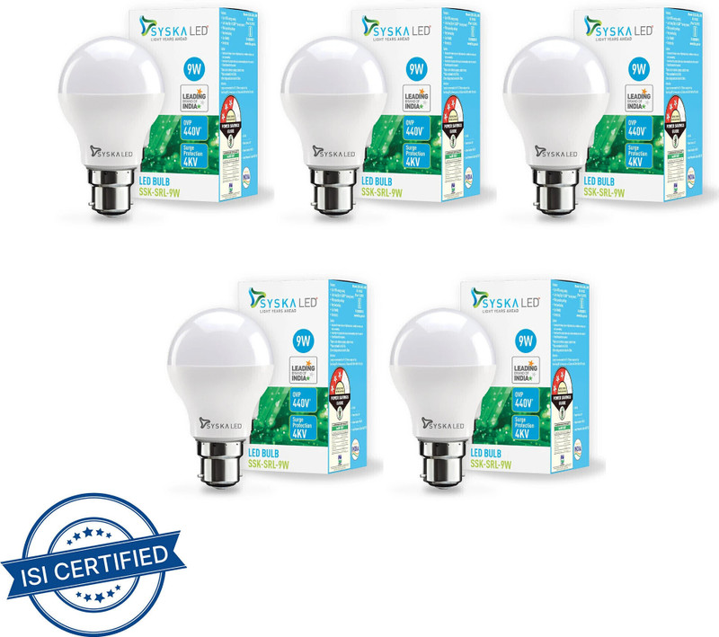 Syska 9 W Basic Standard B22 LED Bulb  (White, Pack of 5)