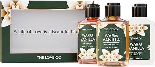 THE LOVE CO. Warm Vanilla Bath &amp; Body Gift Set | Body Wash | Body Lotion | Shampoo | Long-Lasting Warm Vanilla Fragrance | Gift Set For Women | Gifting For Birthday, Valentine's, Anniversary, Rakhi &amp; Special Occasions| Premium Gift Packaging | Pack Of 3
