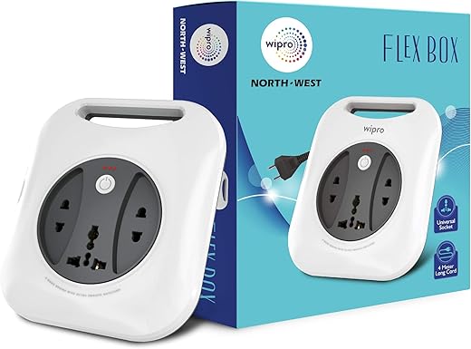 Wipro Flex Box Extension Cord with 1 Universal 3 Pin Socket &amp; 2 units of 2 Pin Sockets,with Master Switch &amp; Indicator | 4 mtr long copper wire | Power Strip for Home, Office | Pack of 1 | Grey &amp; White