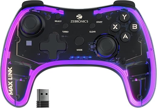 ZEBRONICS MAX LINK Wireless Gamepad, Dual motors Haptic feedback, Built-in rechargeable battery, RGB light, Plug &amp; play, Supports (Windows | Android)