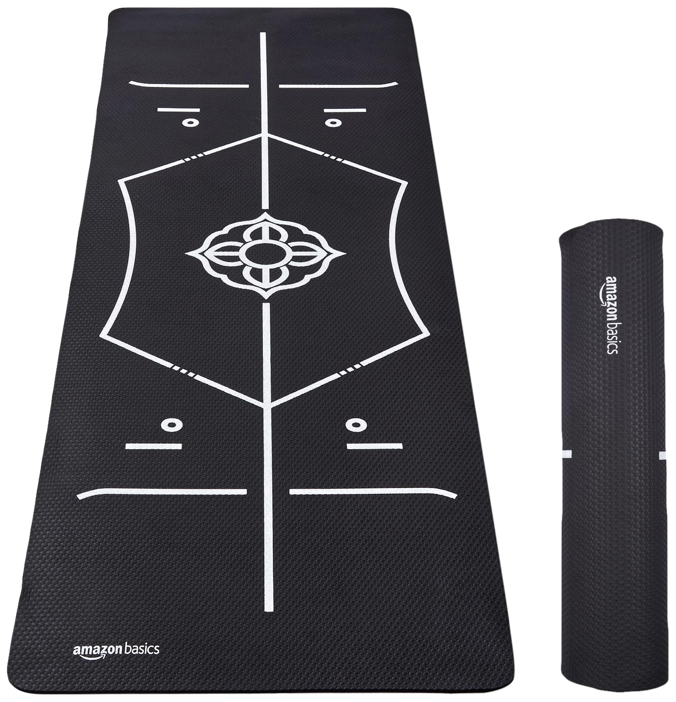 AmazonBasics Body Alignment Yoga Mat | 6 MM Thick Mat | Carry Strap | Grippy Surface | Anti Slip Exercise Mat | TPE &amp; EVA Material | Yoga Mat for Men &amp; Women | For Gym or Home (Black)