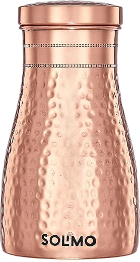 Amazon Brand - Solimo Copper Water Pot | Bedside Pot with Glass | Hammered Finish |950 ml